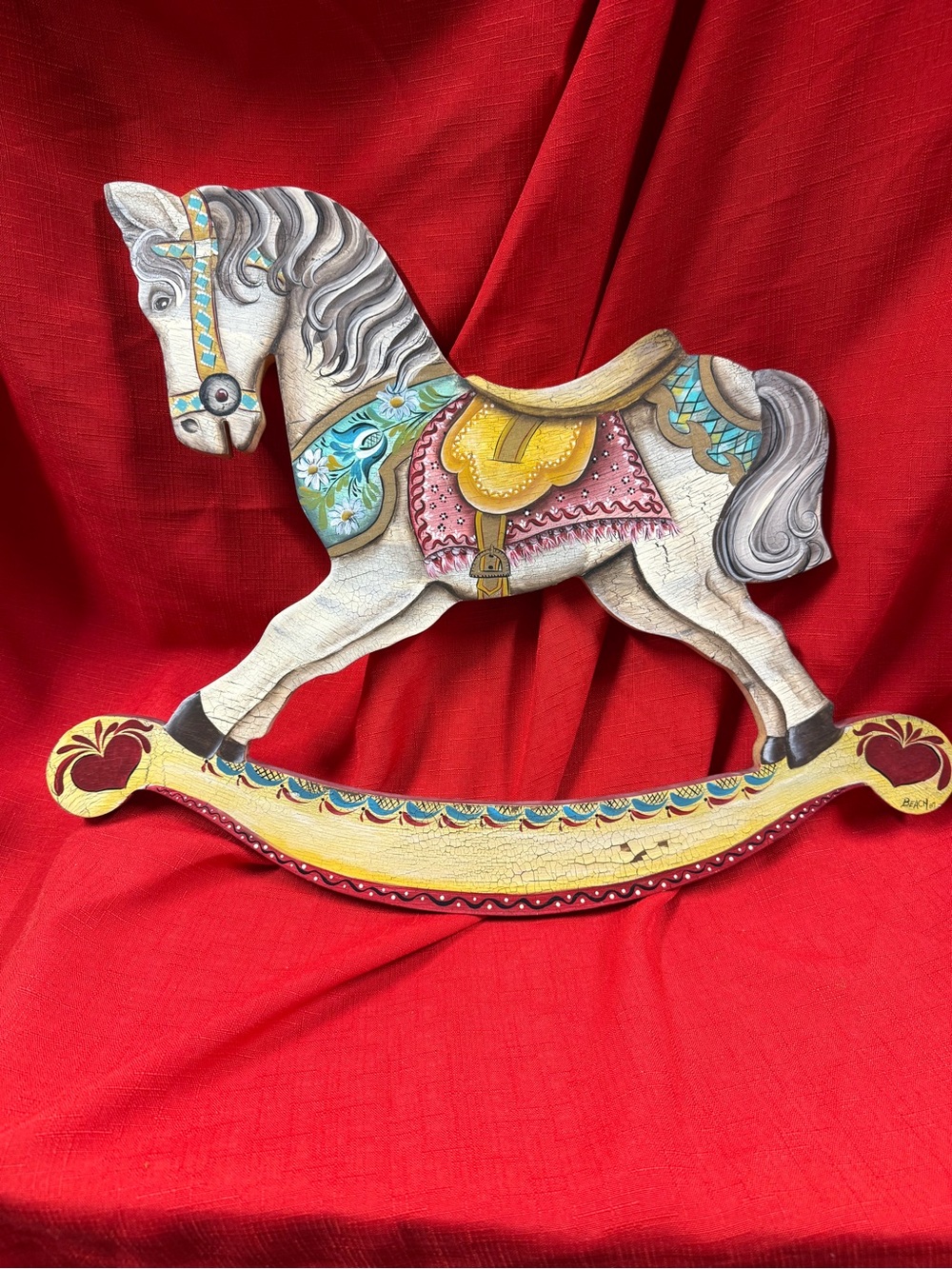 Vintage Decorative Painted Rocking Horse Wall Folk  Art Nursery Wall Hanging